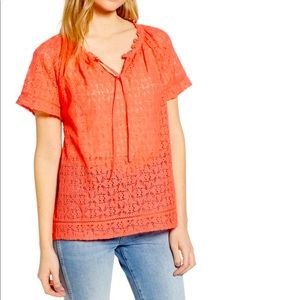 Hinge Lace Popover Coral Blouse